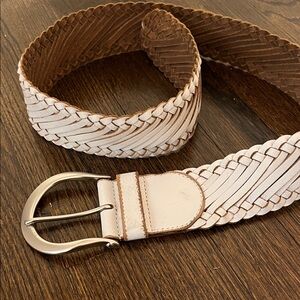 Linea Pelle Woven Cream and Tan Belt with Silver Buckle